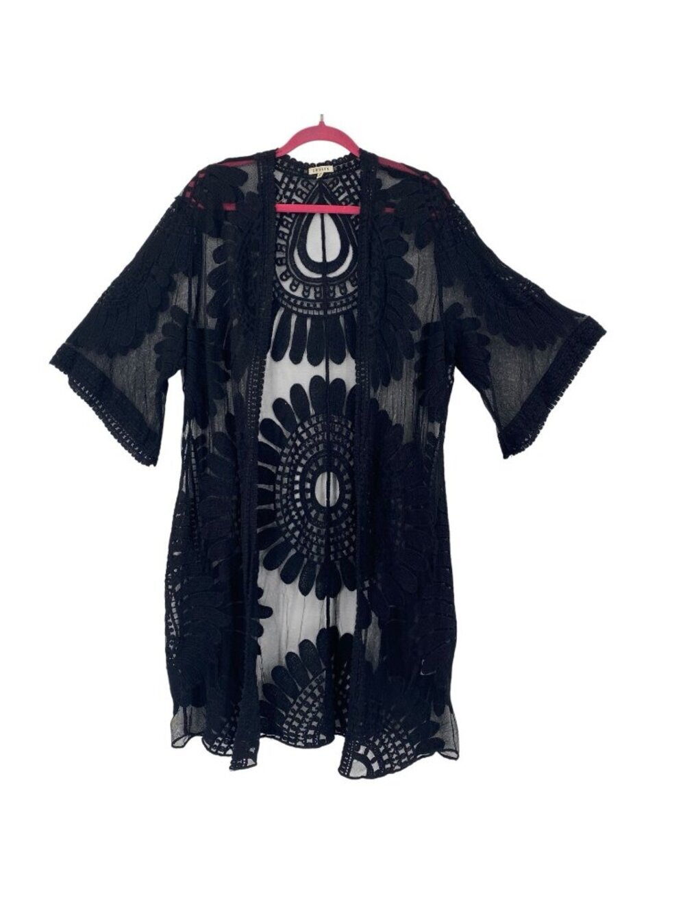 Jodifl Black Mesh Lace Embroidered Floral Open Front Kimono S/M Boho Hippie